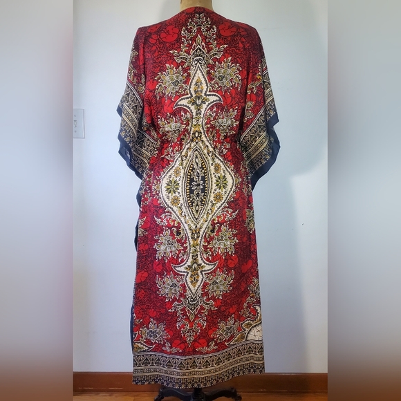 Cute Options Kaftan OS Drawstring Maxi Dress Paisley Boho Cover-up Red One Size - Picture 4 of 11